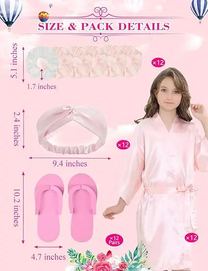 12 Pack Girls Kids Silky Satin Robe with Hair Band Slipper Hair Ring for Wedding Birthday Party Spa