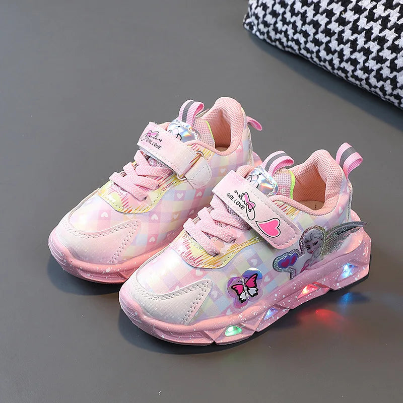 Pink Elsa Princess Baby Girls Sneaker Cartoon Fashion Children's Shoes Spring Autumn Kids Led Lighting Sports Sneakers