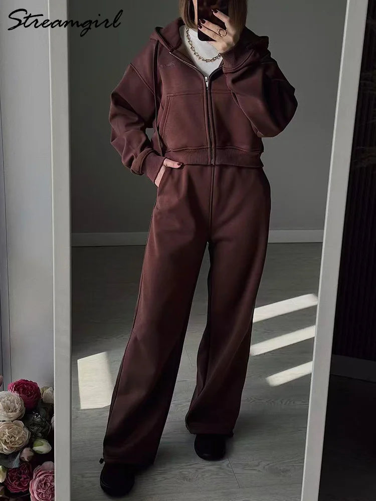Winter Fleece Pants Set Women Brown Tracksuit Two Pieces Long Sweatpants Zipper Sweatshirts 2 Piece Gray Sweatsuit For Women Set