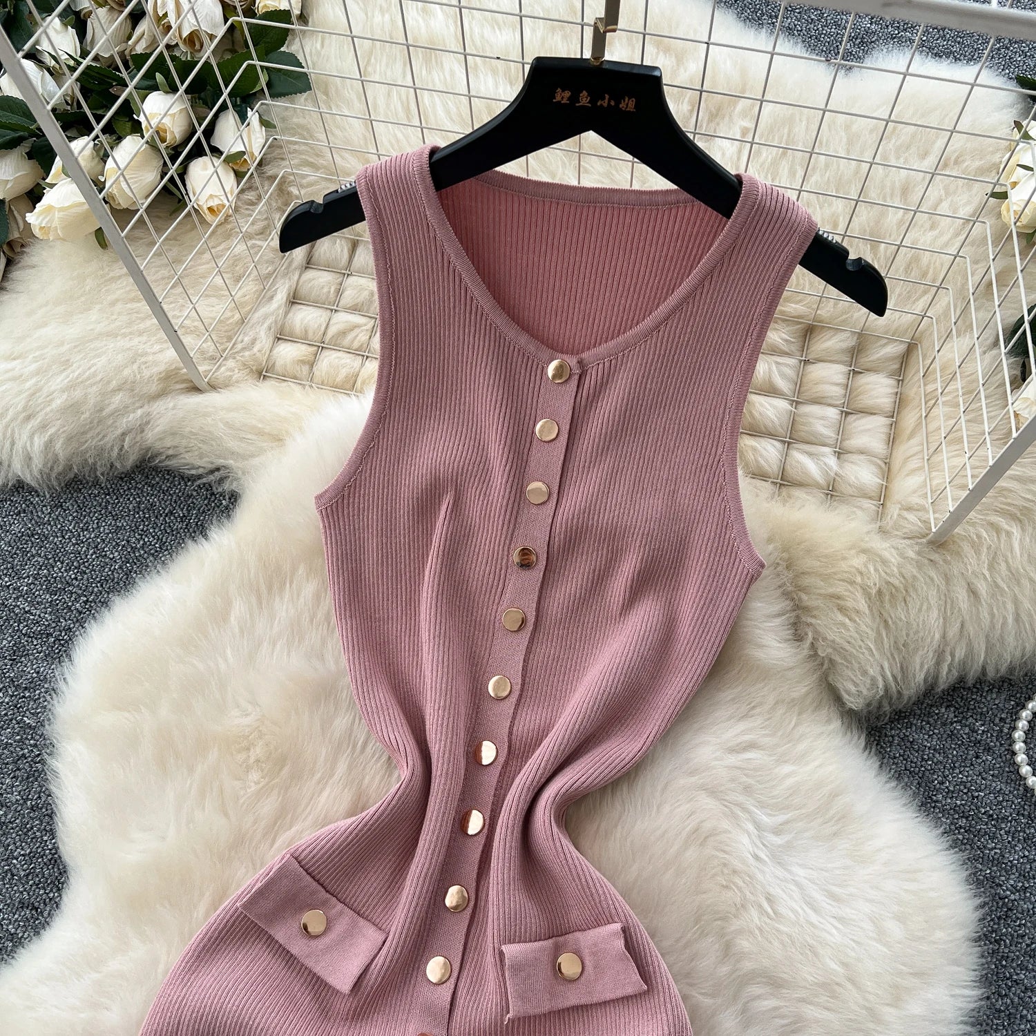 2025 New Women Chic Fashion With Golden Buttons Knitted Midi Dress O Neck Sleeveless Female Dresses Vestidos Mujer