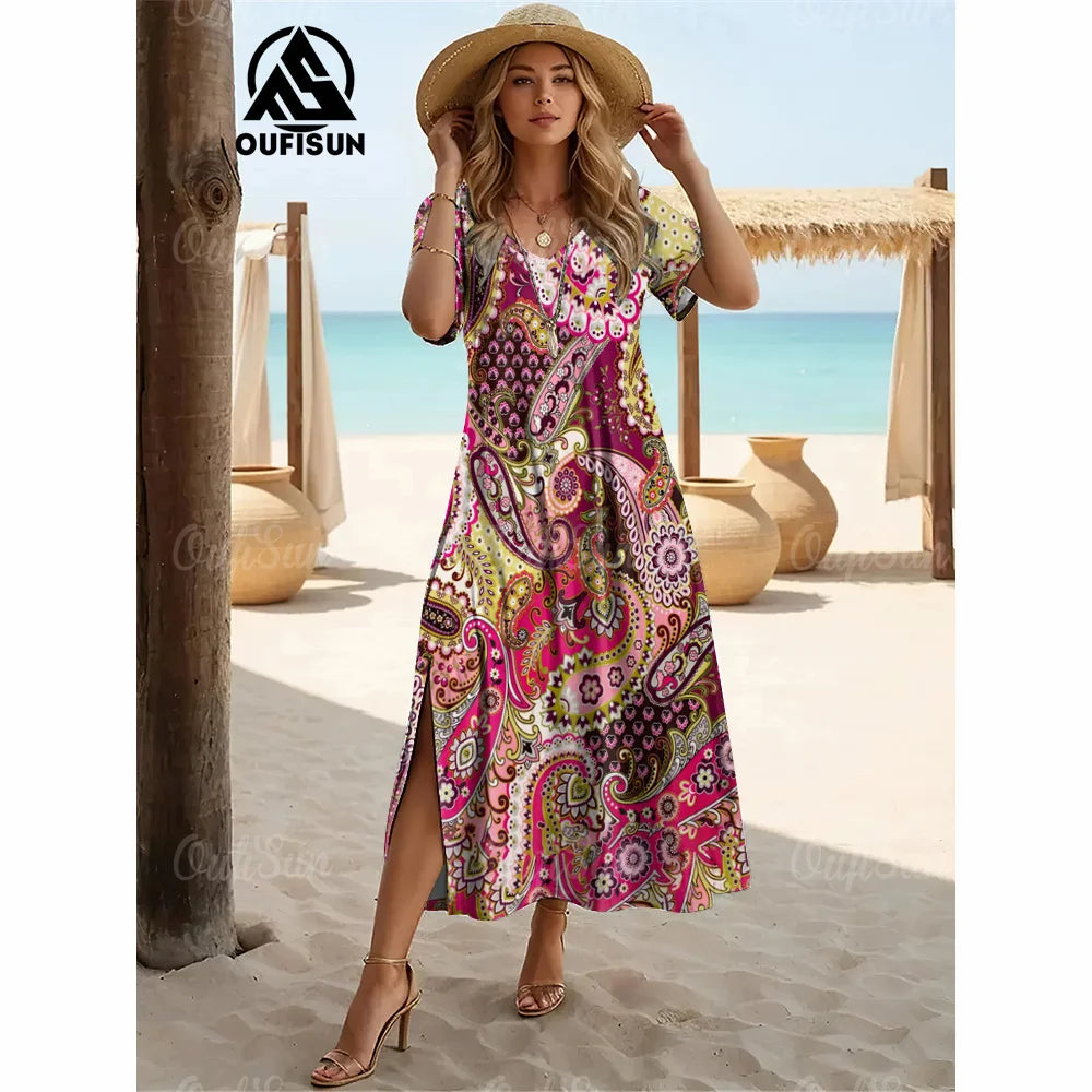 Elegant Womens Dresses Summer V-Neck Women's Clothing Vintage Woman Long Dress Fashions Evening Dress Loose Oversize Pullover