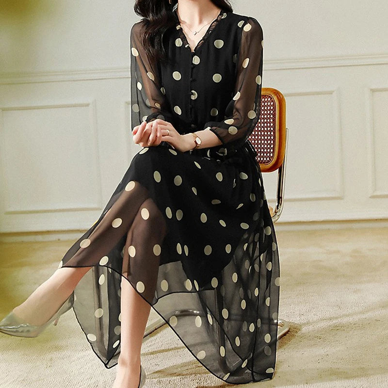 EVNISI V-neck High Waisted A-line Skirt Elegant Gentle Long Dress Round Dot Lantern Sleeve Chiffon Printing Fashion New