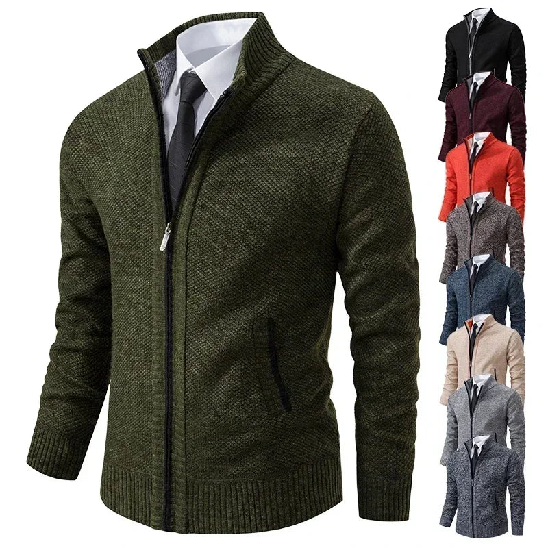 2025 Autumn and Winter New Jersey Men's Casual Sports Coat Solid Color Stand Collar Sweater Grab Fleece Warm Zipper Cardigan