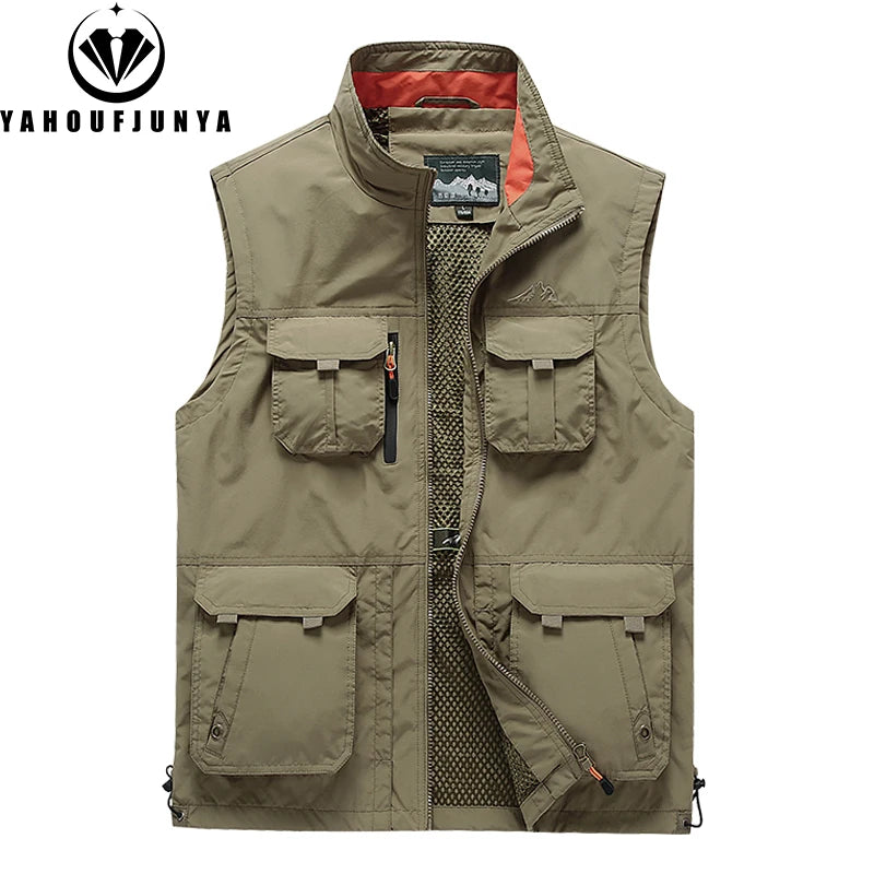 2024 Men Spring Summer Many Pocket Casual Stand Collar Vest Men Sleeveless Solid Color Outdoors Fashion Style Vest Male Coat 6XL