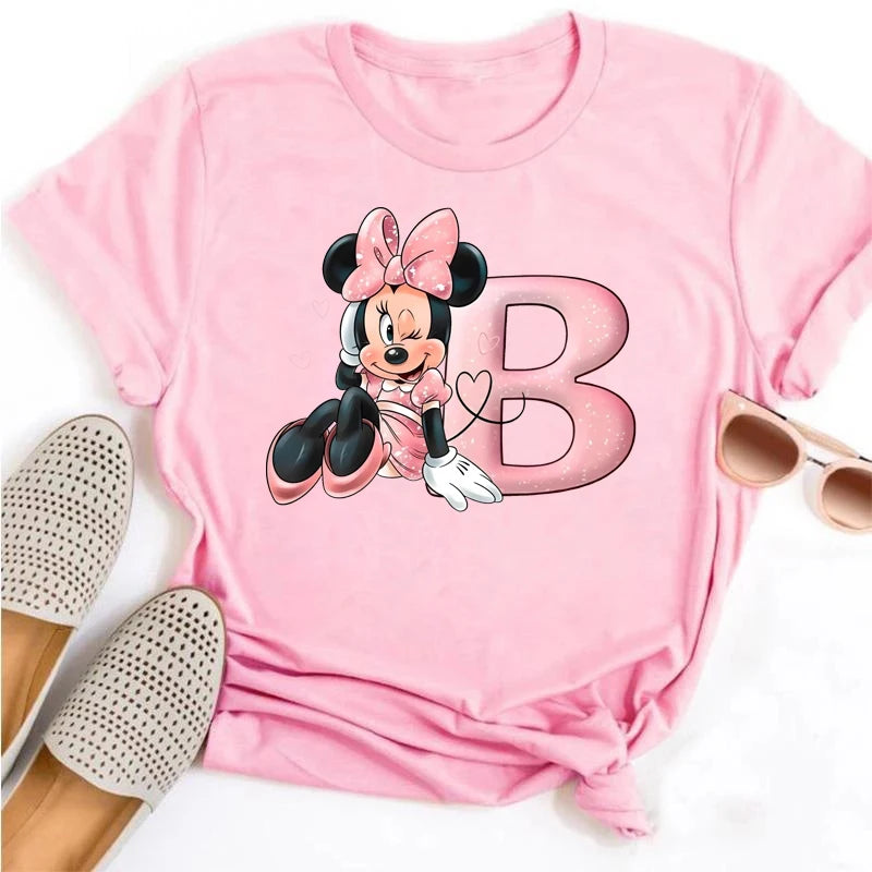 Disney Cartoon Minnie Mouse Letter A B C D E F Print Women Summer T Shirt Harajuku Casual Short Sleeves Pink Female Tshirts
