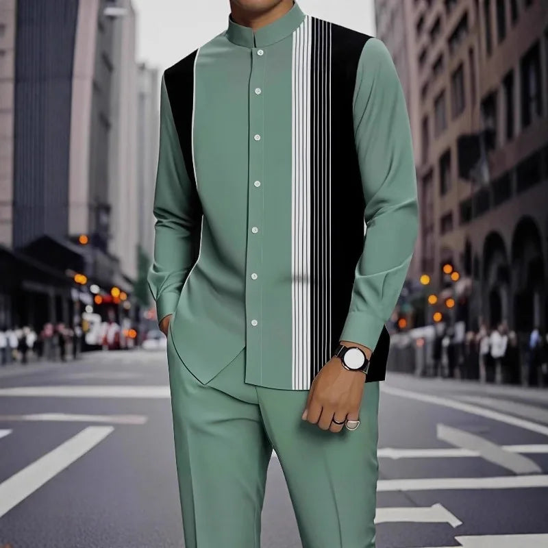 Men's Formal 2Pc Matching Suit Autumn New Long Sleeve Shirt Pants Fashion Business Casual Trendy Tailored Comfortable Outfit