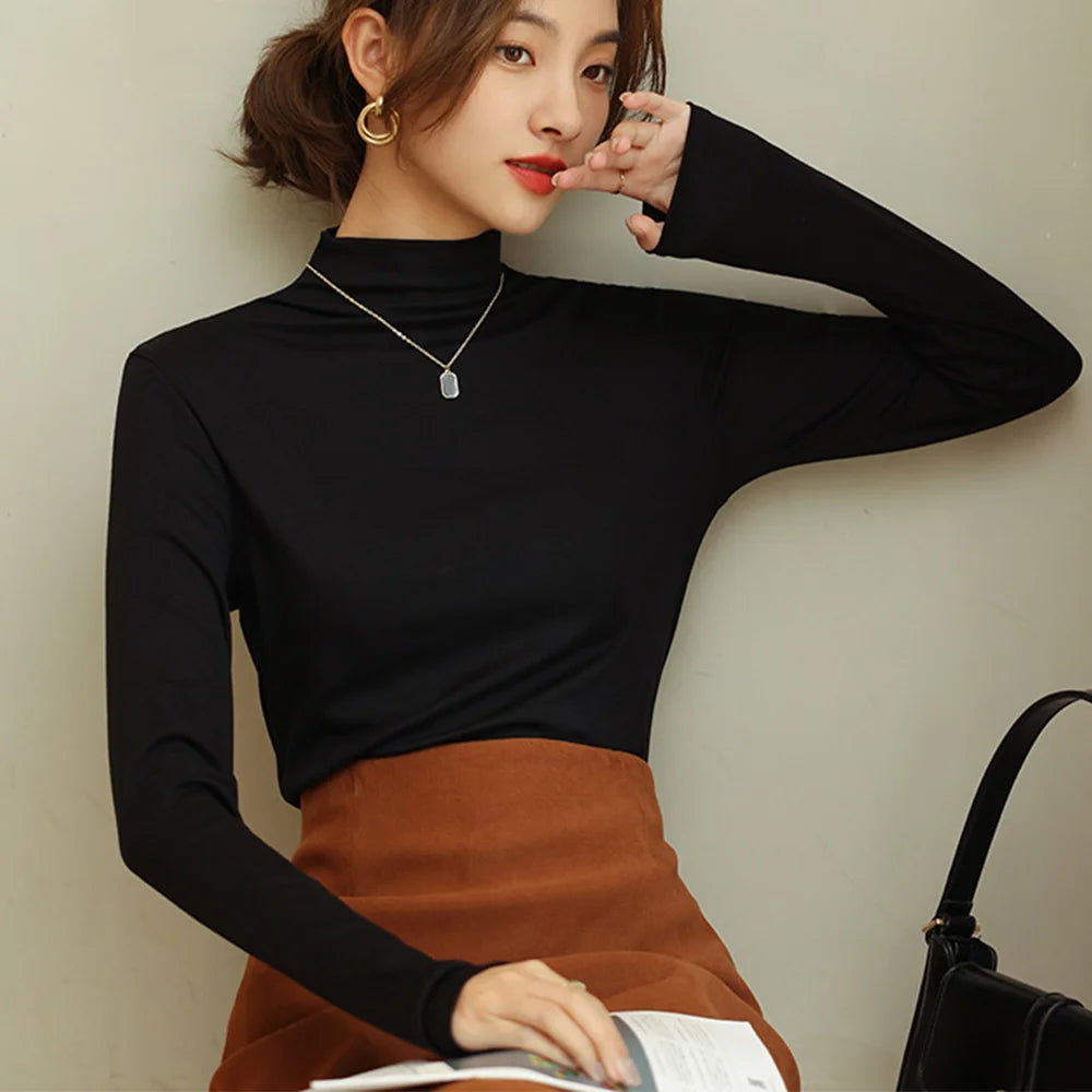 1pcs Half Turtleneck Modal Bottoming Shirt Women Autumn Winter New Inner Wear Fashion Slim Thickened Long Sleeve Top Pullover