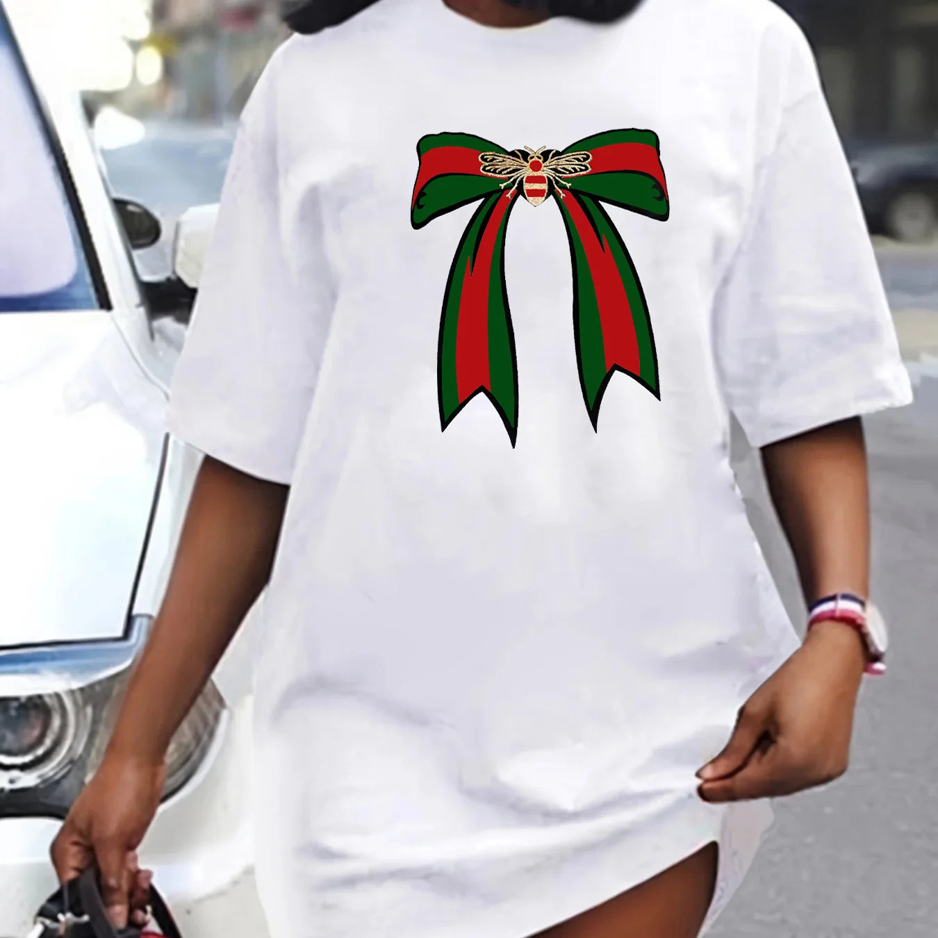 Ladies' spring and summer casual loose plus size bee bow pattern printed round neck short sleeved T-shirt dress