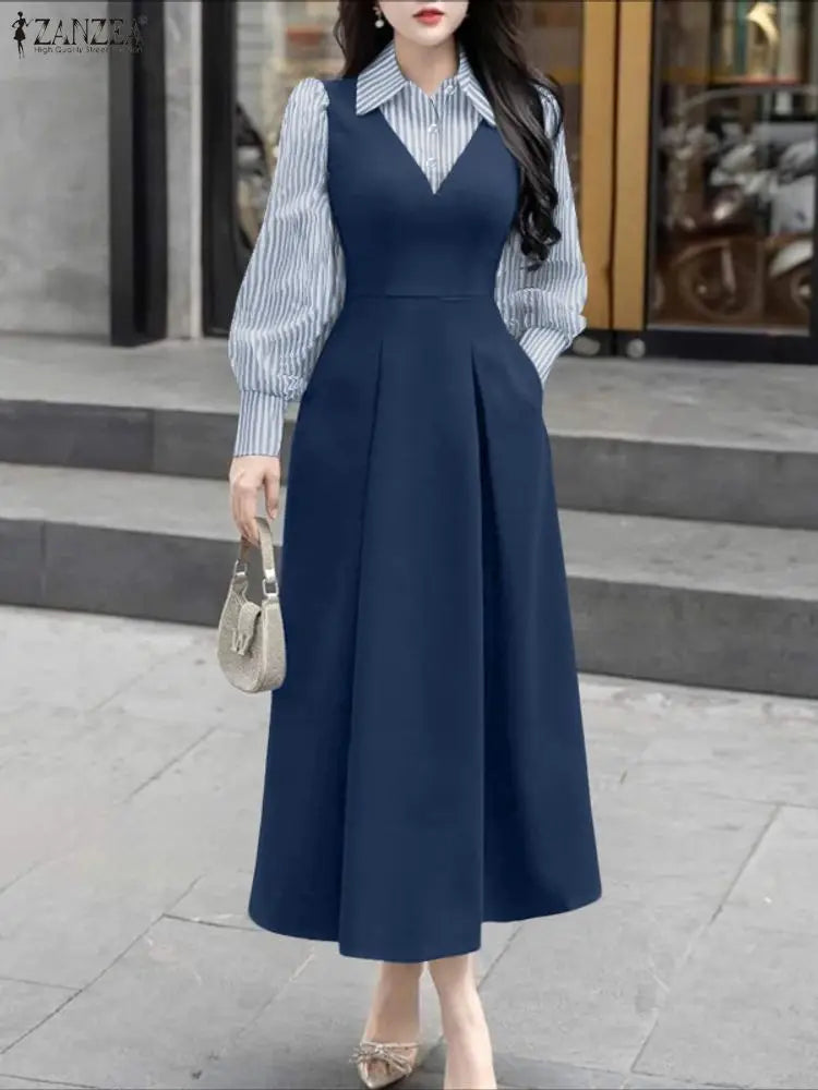 ZANZEA Women Long Shirt Dresses Autumn Long Sleeve Striped Fake 2 Piece Shirts Maxi Robe Fashion Elegant Office Party Vestidos