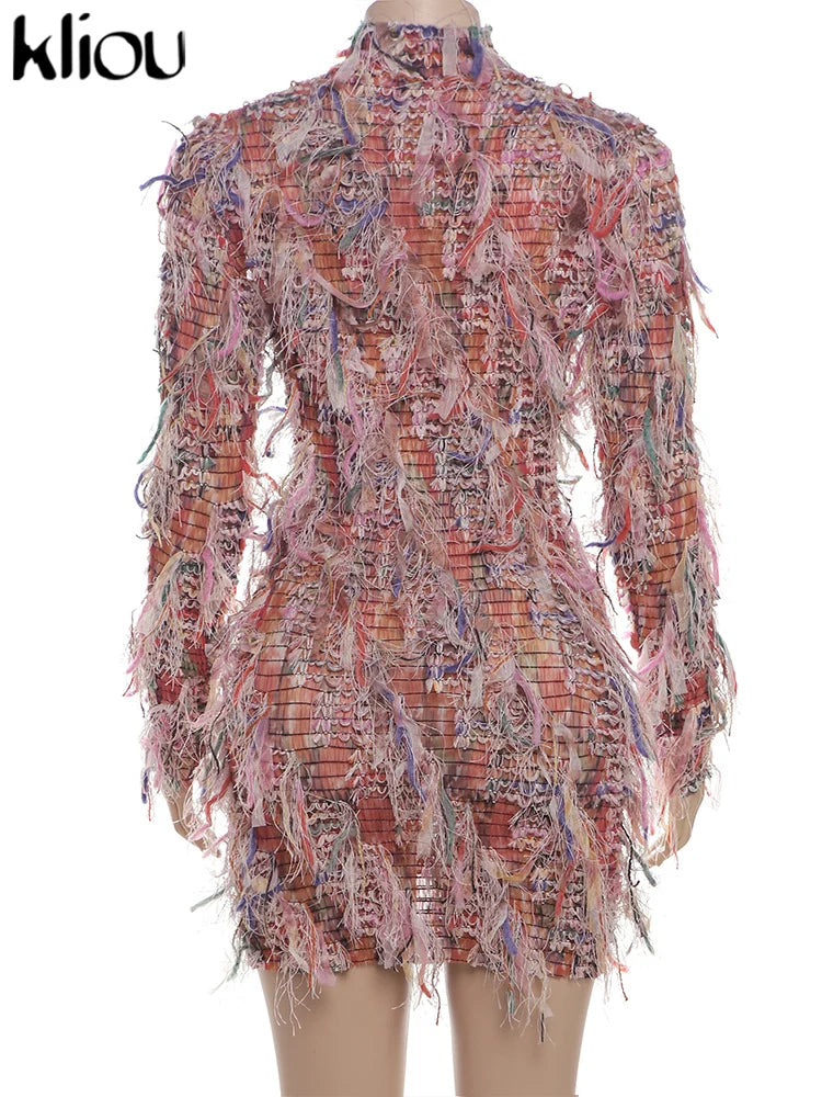 kliou Stacked Pleated Women Mini Dress 2024 New Stunning O-neck Body-shaping Patchwork Vestidos Female Attractive Party Frock