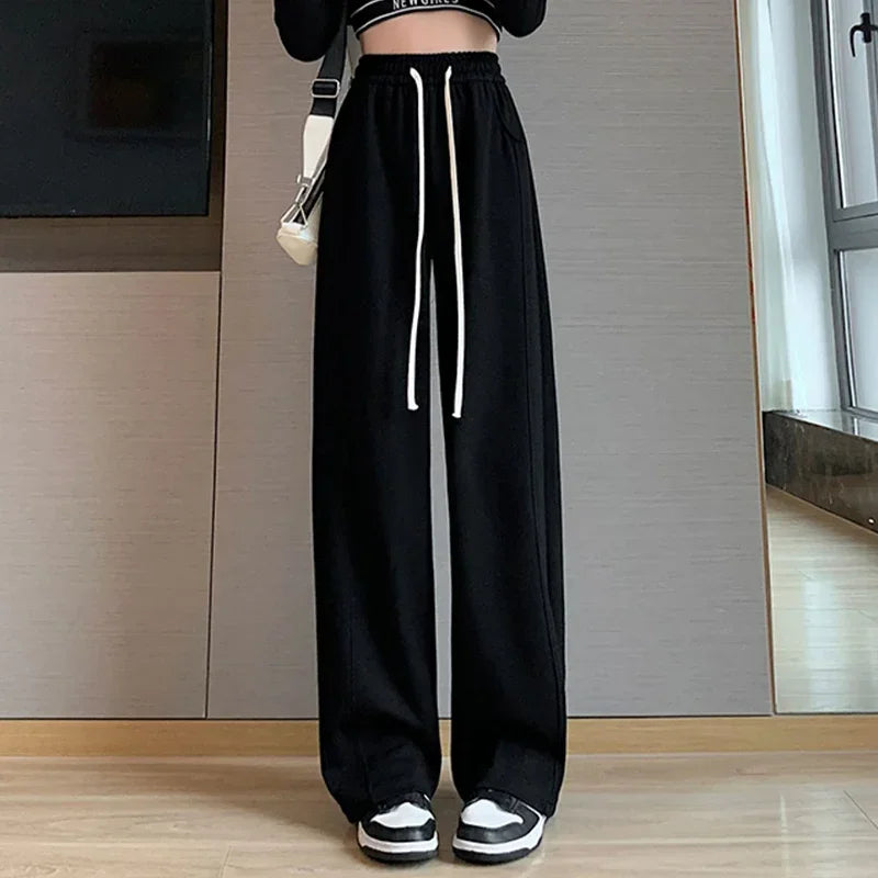 Lady Casual Daily High Waisted Sweatpants Women Drawstring Straight Leg Pants Girls Korean Slim Fit Thin Trousers