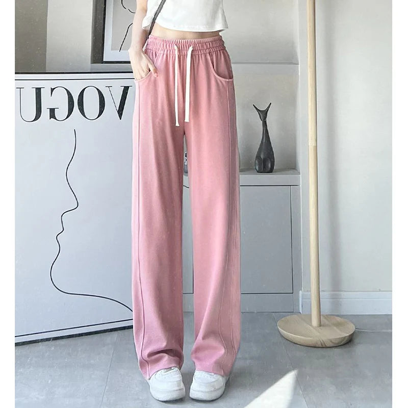 Lady Casual Daily High Waisted Sweatpants Women Drawstring Straight Leg Pants Girls Korean Slim Fit Thin Trousers