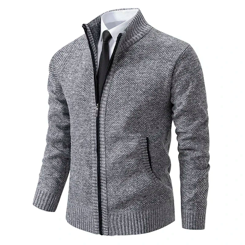 2025 Autumn and Winter New Jersey Men's Casual Sports Coat Solid Color Stand Collar Sweater Grab Fleece Warm Zipper Cardigan