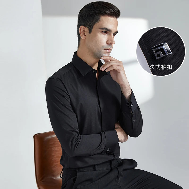 Men's French-style cufflink shirt, slim fit, suitable for business formal wear. A striped and fashionable men's top for white-co