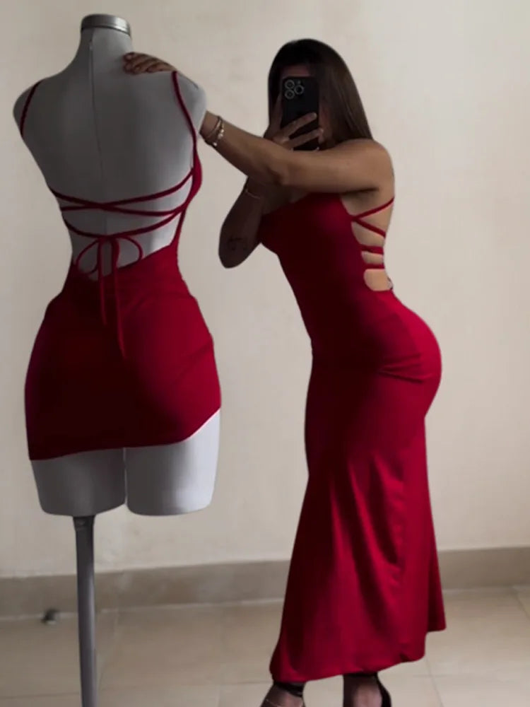 Temperament Women's Slim-fitting Evening Dress Solid Color Elegant Party Dresses Slit Straps One-line Neck Dress Long Dresses