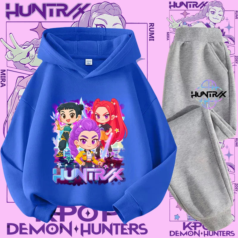 K-pop Demon Hunter New Children's Hoodie Set - Cute Girls' Casual Top for Kids,Boys' Sports Shirt with Cartoon Print-2-Piece Set
