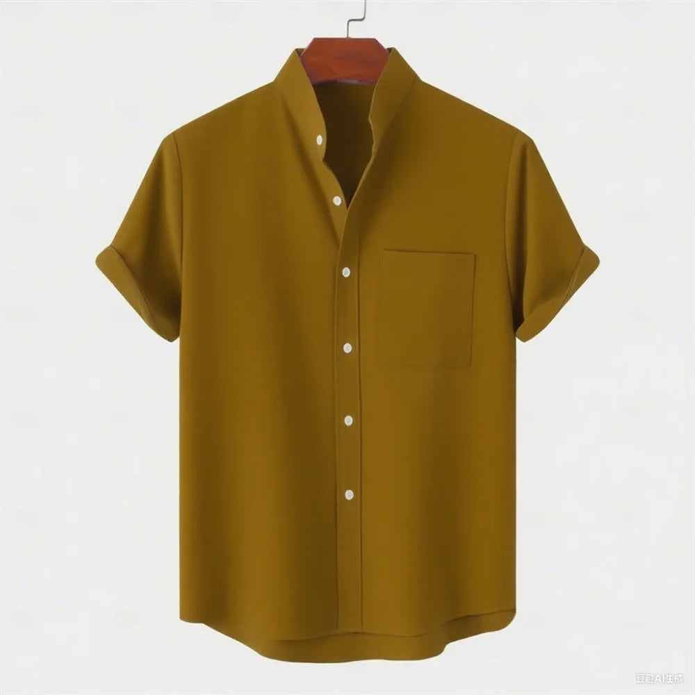 Summer new men's pure-color linen short-sleeved collared shirt - Casual enhanced version men's shirt - Fast shipping