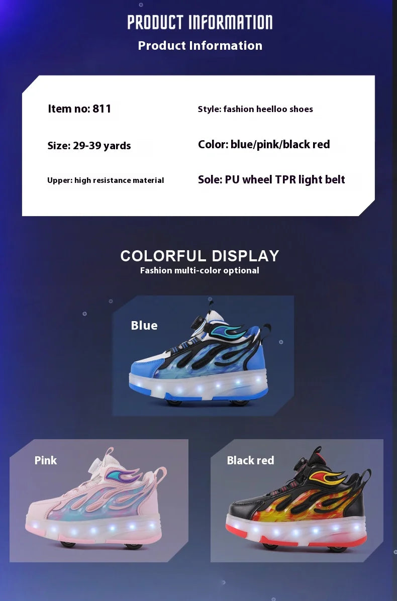 2025 New children's four-wheel novice light up rotary button automatic shrinkage fast walking shoes for boys sneakers
