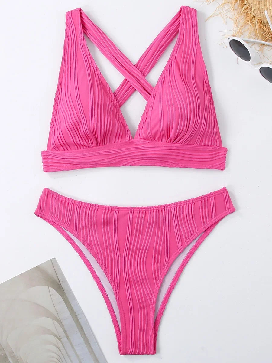 2025 Wrinkled Crinkled Bikini Women Swimwear Female Swimsuit Two-pieces Bikini Set High Cut Bathing Suit Swim Beach Wear Lady