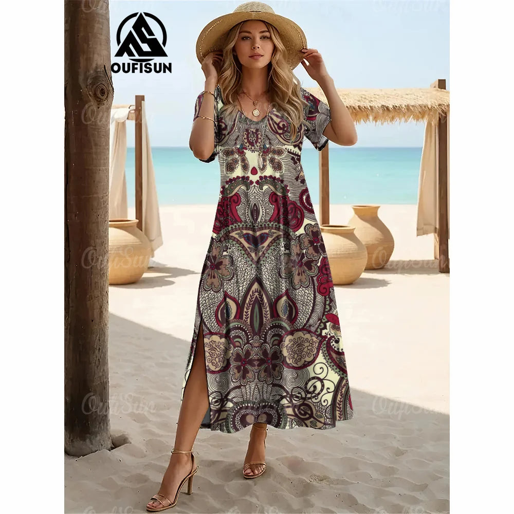 Elegant Womens Dresses Summer V-Neck Women's Clothing Vintage Woman Long Dress Fashions Evening Dress Loose Oversize Pullover