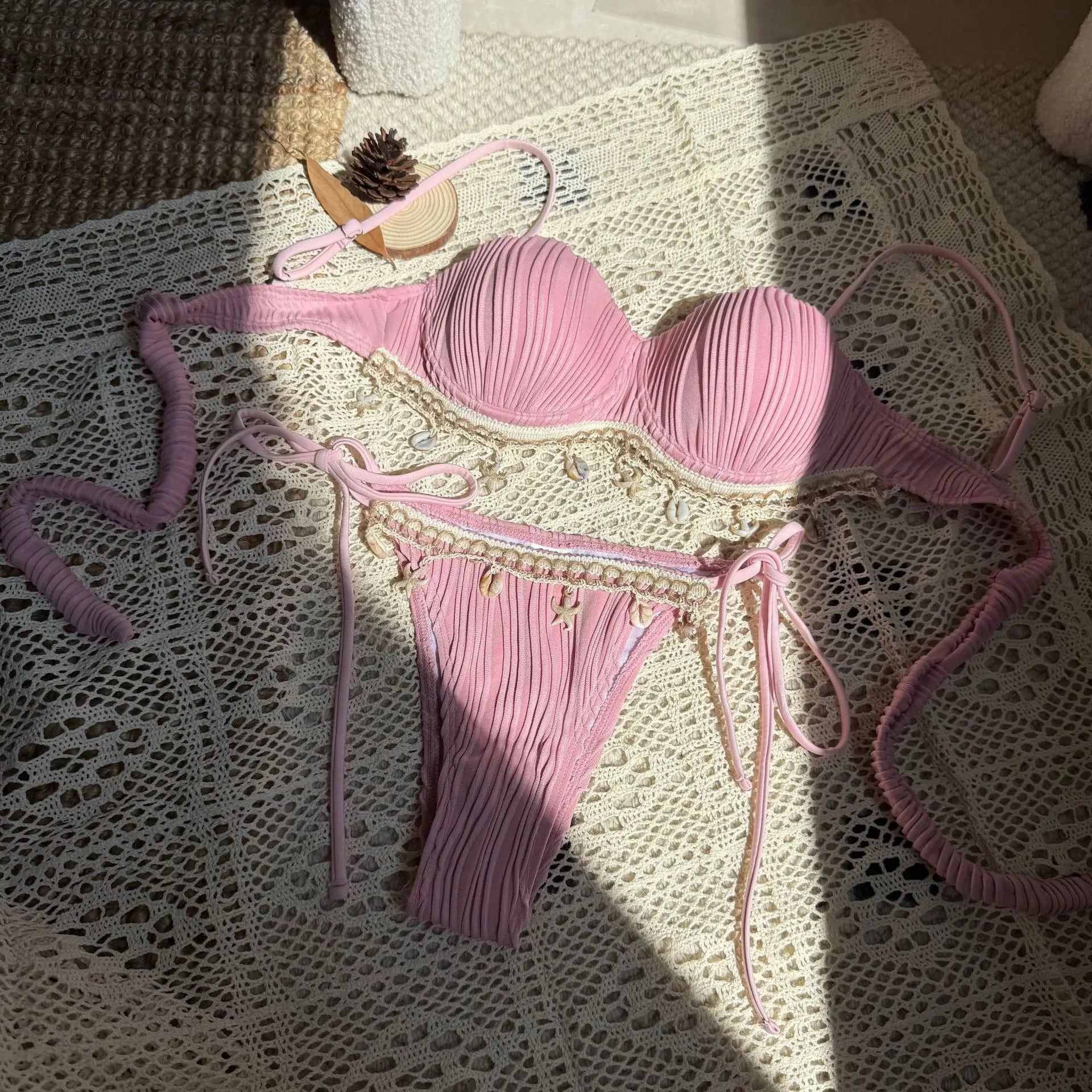 Shell Scalloped Wrinkled Underwired Bra Cup Bikini Female Swimsuit Women Swimwear Two-pieces Bikini Set Push Up Bathing Suit