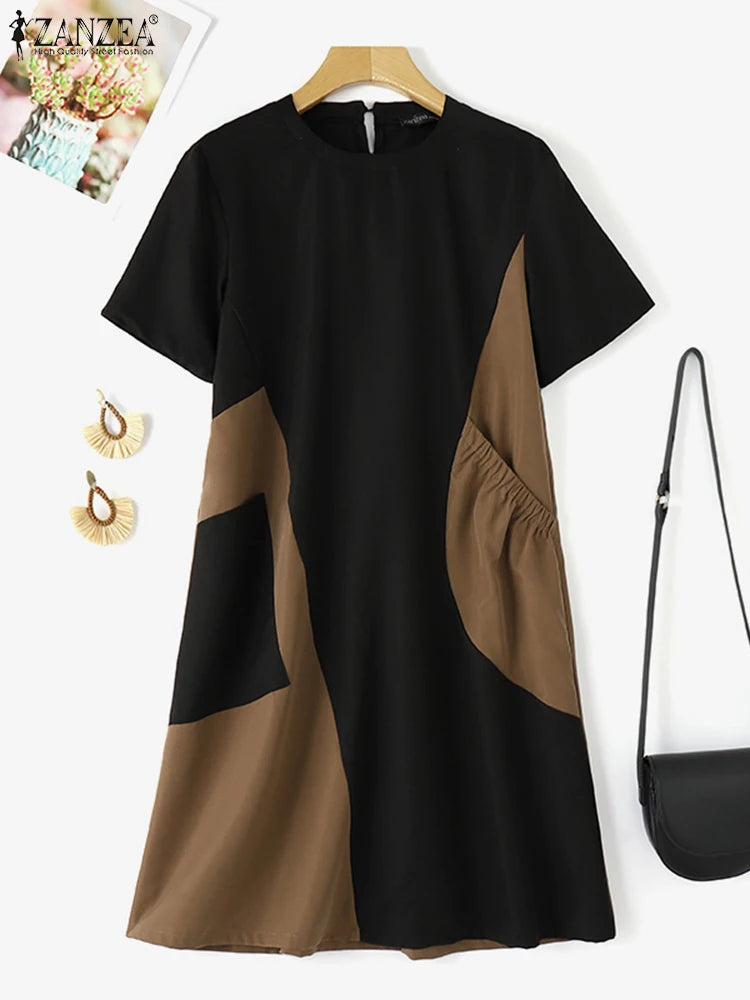 ZANZEA Korean Colorblock Patchwork Dress Women New Big Pocket Robe Summer Fashion Holiday Short Sleeve Mini Sundress Casual Robe