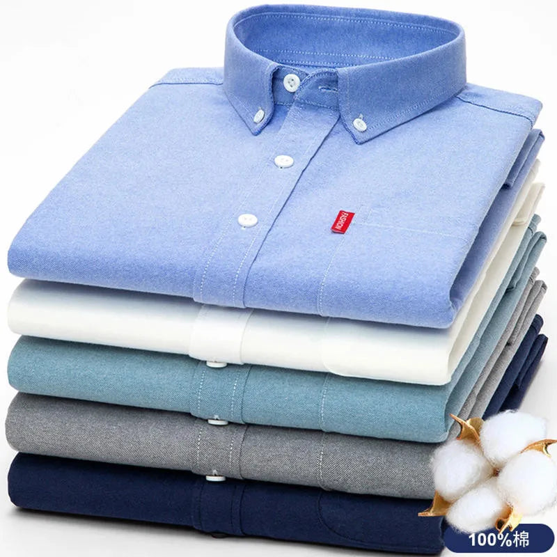 Men's Oxford Long Sleeve Shirts 100% Cotton Solid Color Turn Down Collar Regular Fit Daily Men Clothing Button-down Shirts 5XL
