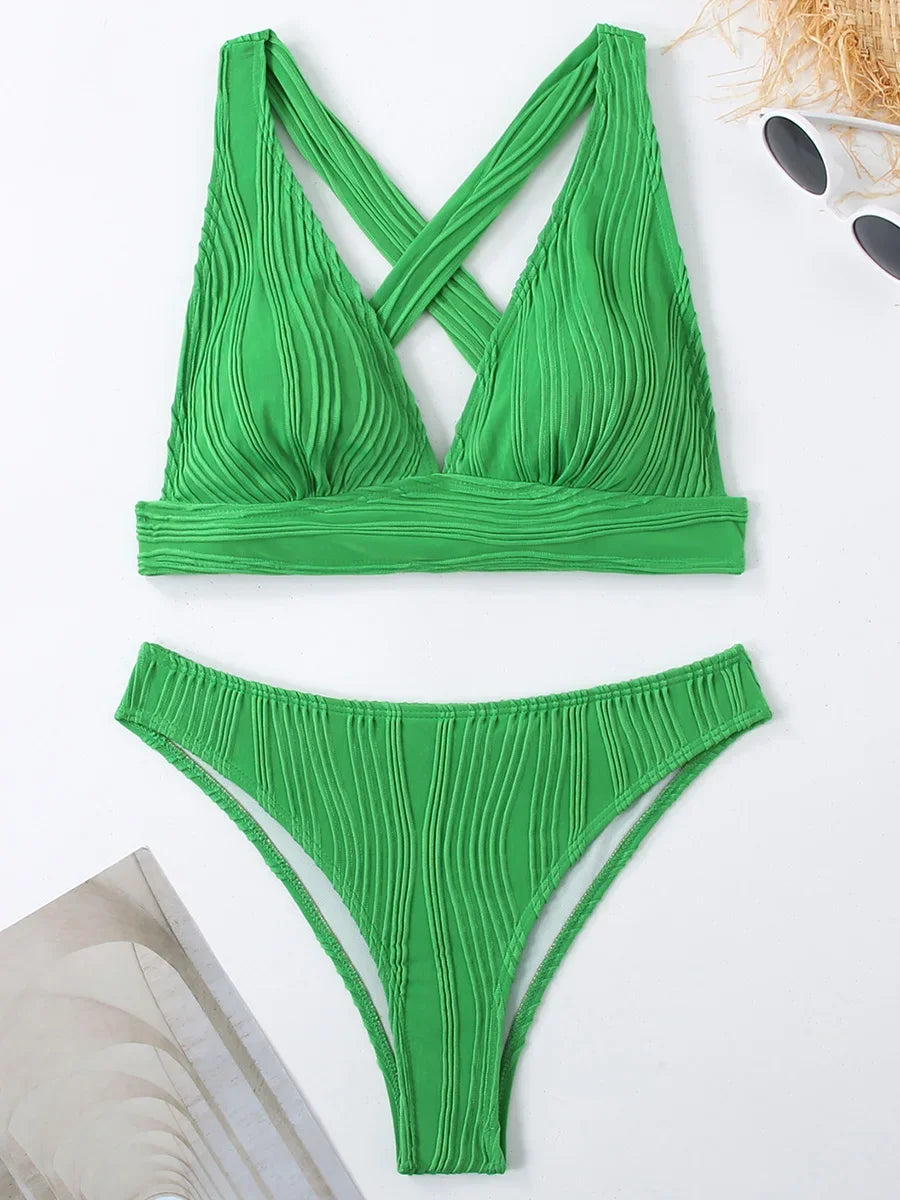 2025 Wrinkled Crinkled Bikini Women Swimwear Female Swimsuit Two-pieces Bikini Set High Cut Bathing Suit Swim Beach Wear Lady