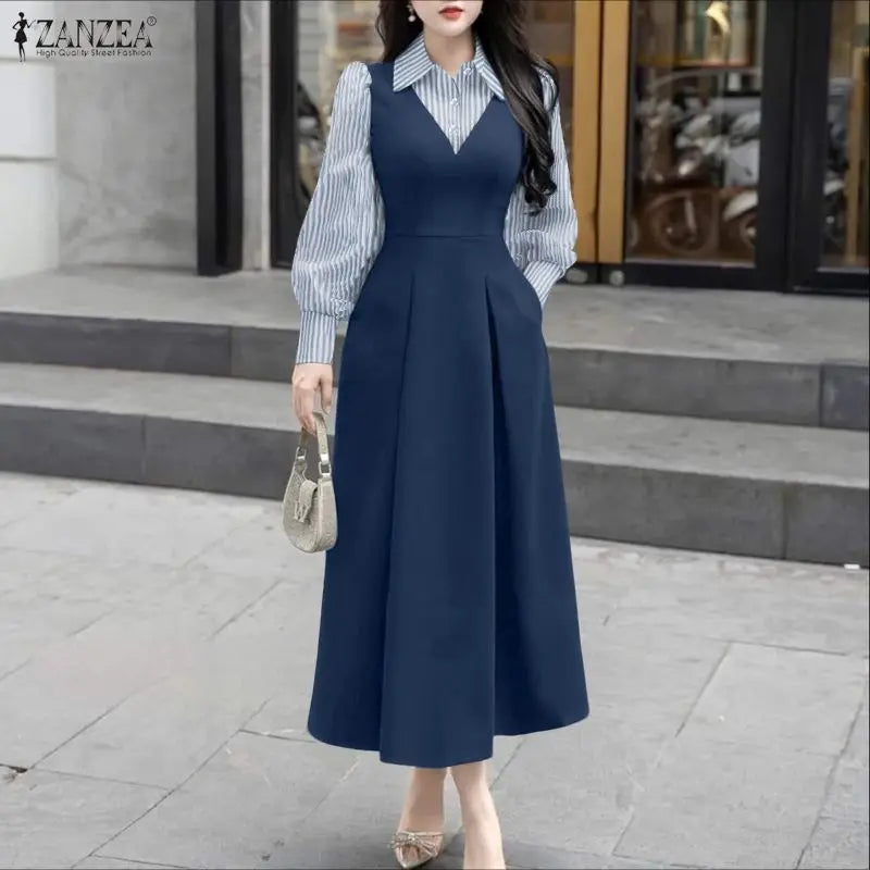 ZANZEA Women Long Shirt Dresses Autumn Long Sleeve Striped Fake 2 Piece Shirts Maxi Robe Fashion Elegant Office Party Vestidos