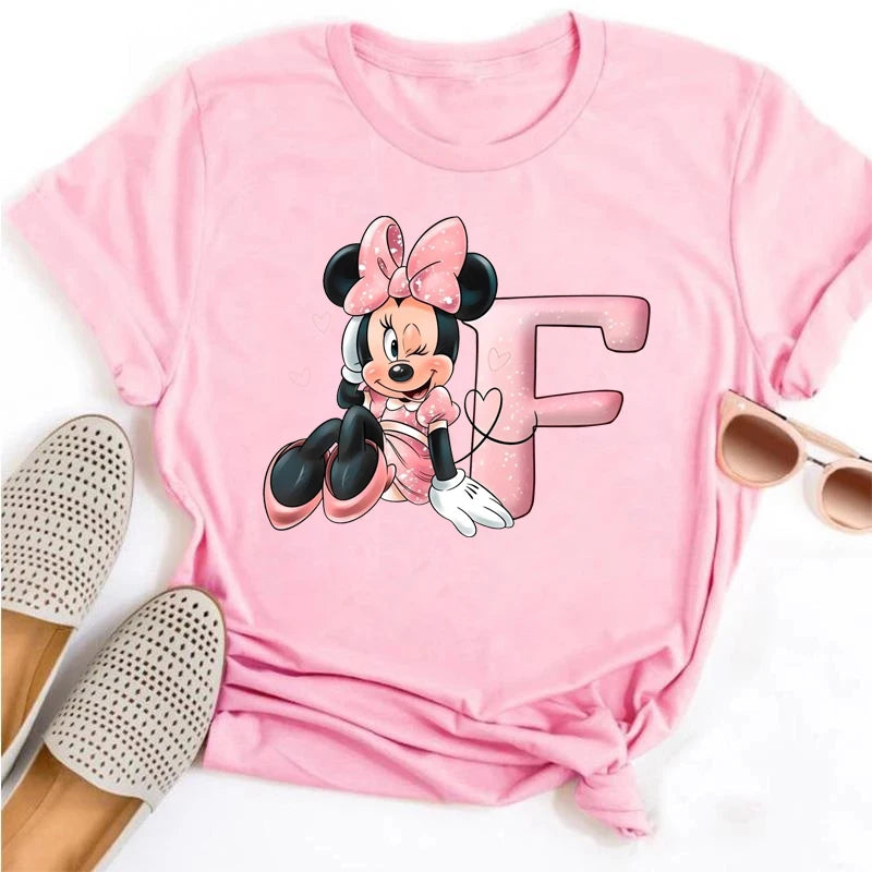 Disney Cartoon Minnie Mouse Letter A B C D E F Print Women Summer T Shirt Harajuku Casual Short Sleeves Pink Female Tshirts