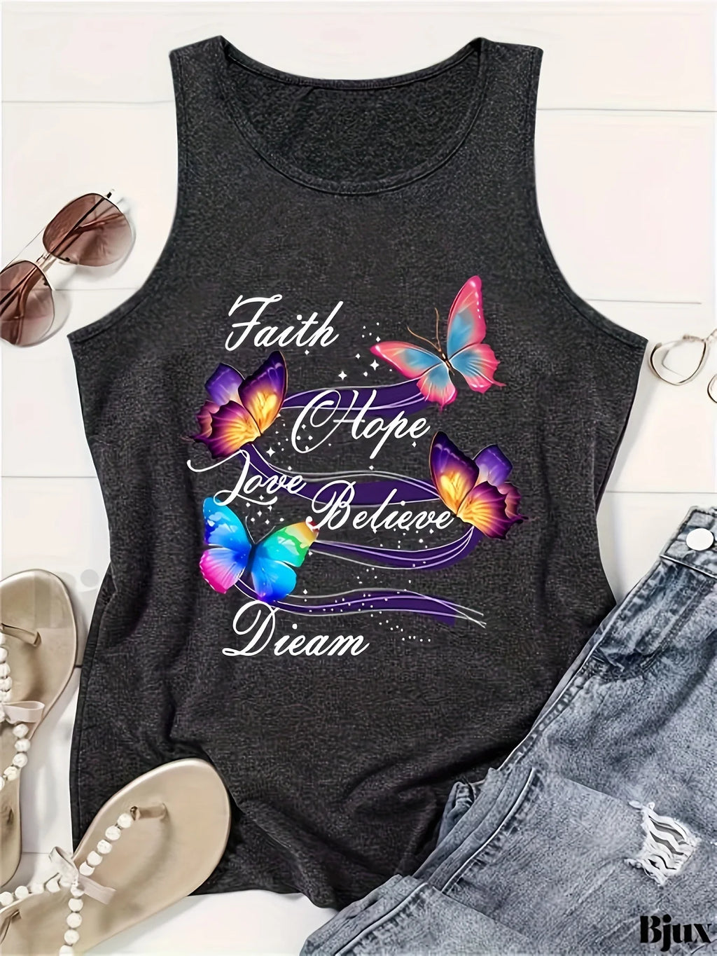 Loose plus size wing pattern printed round neck white vest summer casual sleeveless top women's clothing