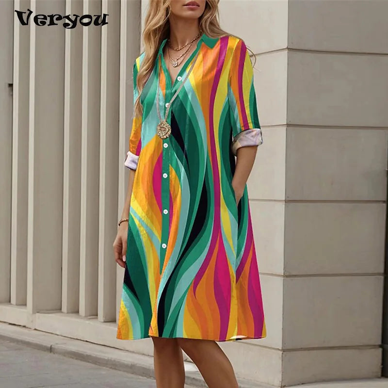 Vintage Printed Shirt Dress Women Casual Loose Straight Midi Dresses Plus Size Women Elegant Coforful Beach Party Dress 2024