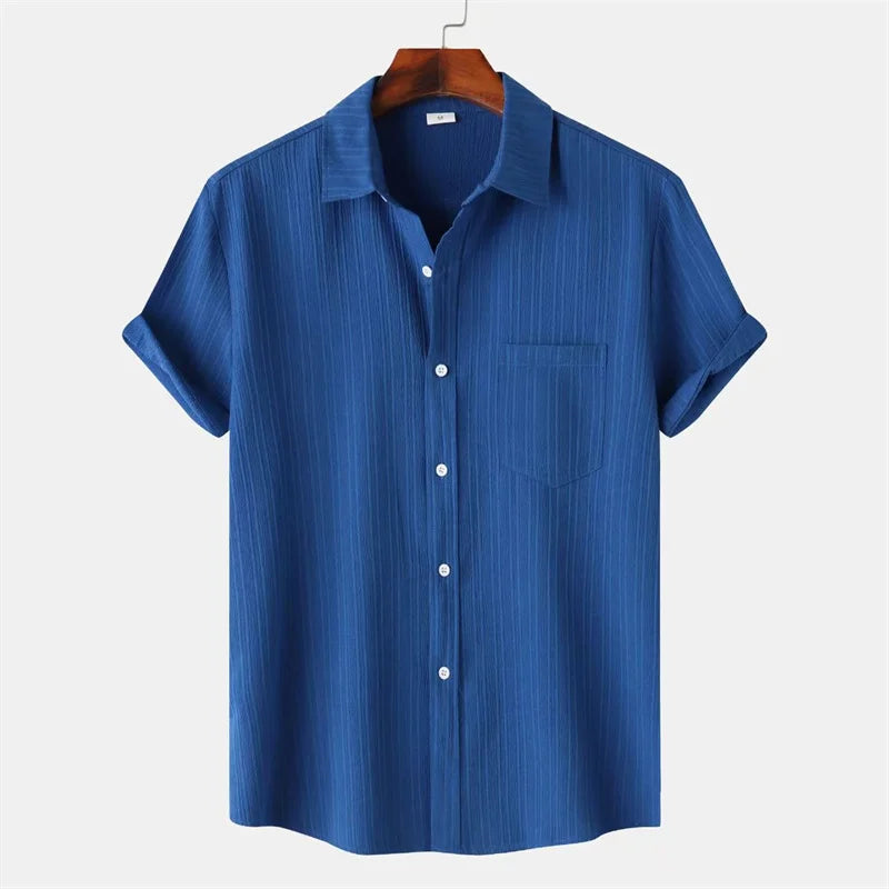 New 9 Color Men's Solid Striped Shirt Summer Fashion Short Sleeve Flap Top Men Casual Holiday Everyday Men