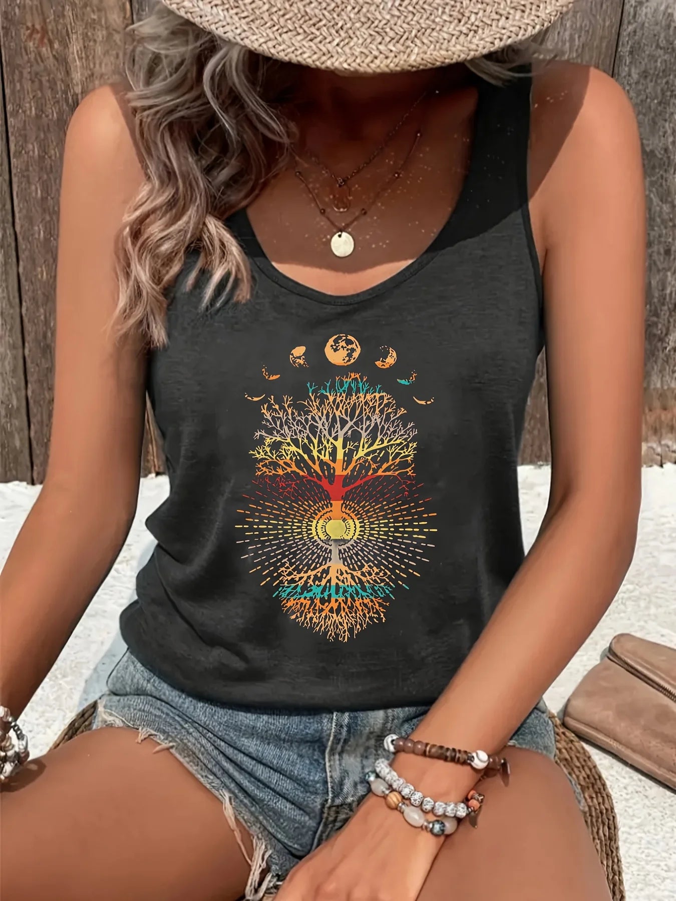 printed Summer women's loose and personalized dream catcher mesh printed vest top T-shirt comfortable sleeveless