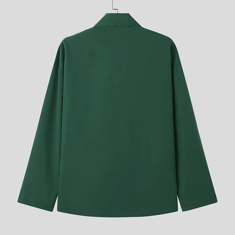 INCERUN Men Shirt Solid Color Lace Up Long Sleeve Loose Casual Men Clothing Streetwear 2024 Fashion Leisure Male Shirts S-5XL