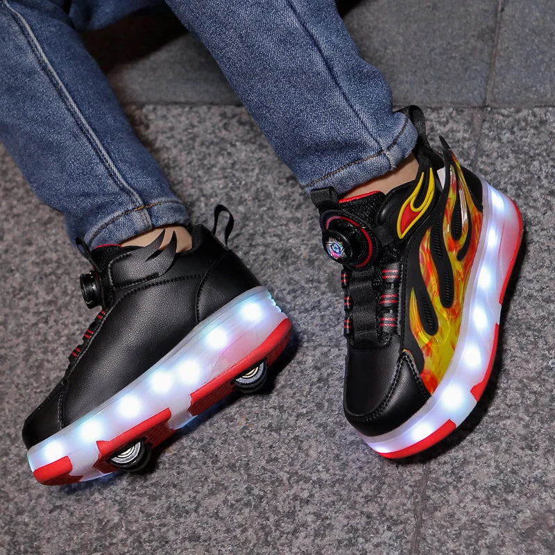 2025 New children's four-wheel novice light up rotary button automatic shrinkage fast walking shoes for boys sneakers