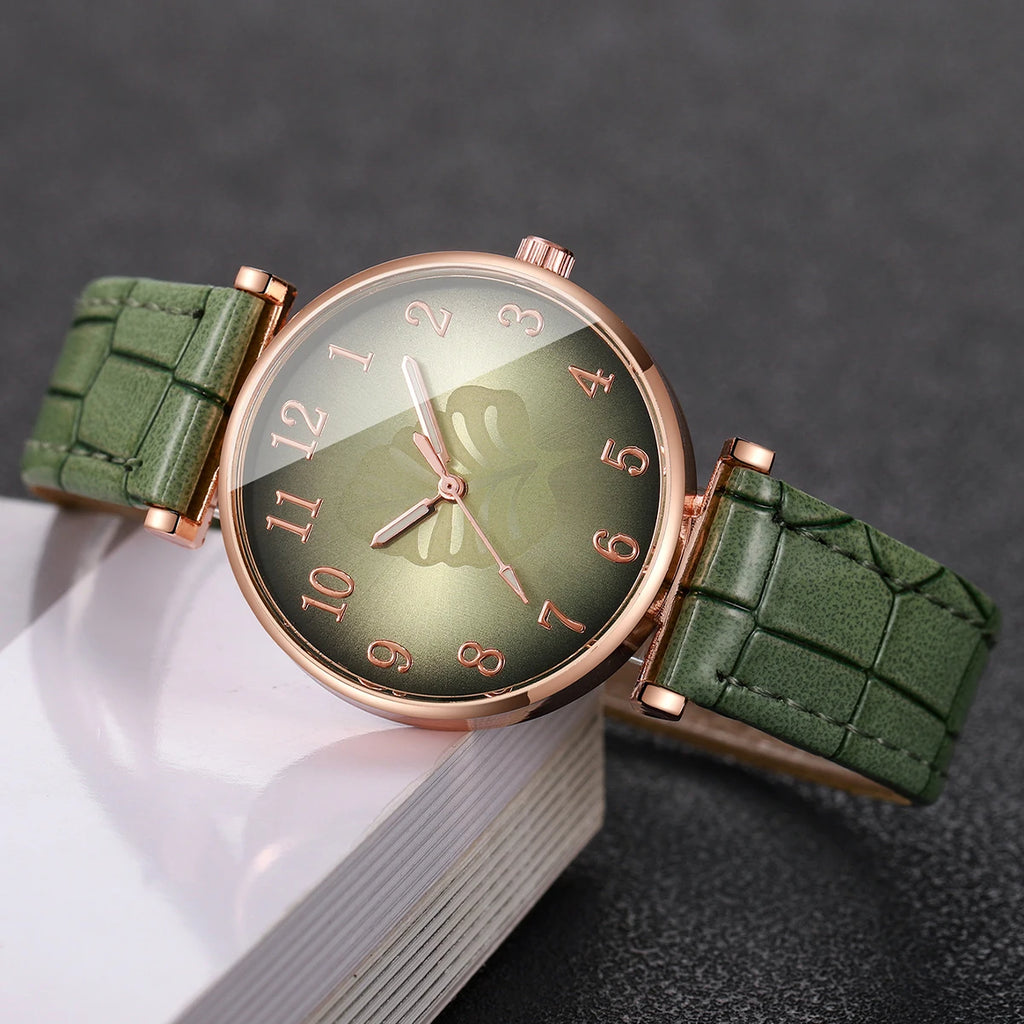 1/5PCS Fashion Leaf Dial Women's Watch Leather Band Ladies Quartz Wristwatch Rhinestone Jewelry Set Reloj Mujer（Without Box）