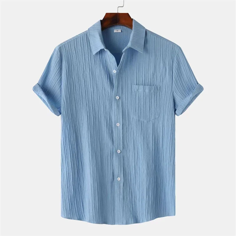 New 9 Color Men's Solid Striped Shirt Summer Fashion Short Sleeve Flap Top Men Casual Holiday Everyday Men