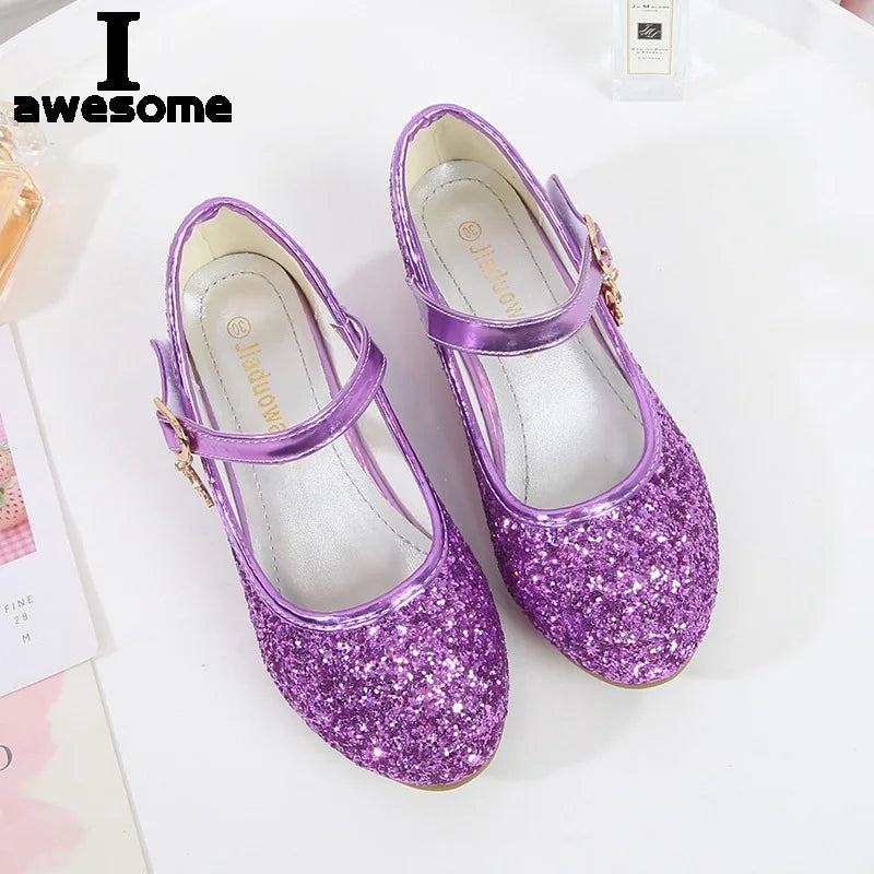 Girls Purple High Heels For Kids Princess RED Leather Shoe Footwear Children's Dress Party Wedding Shoes Round Toe 1-3CM