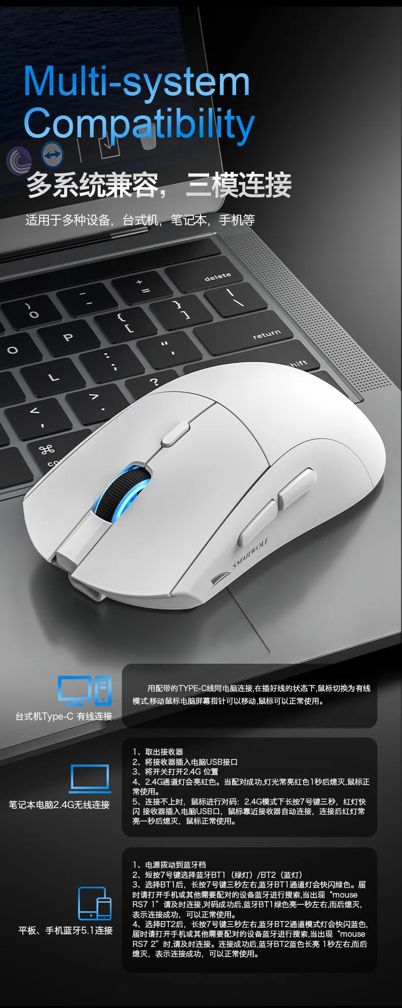 SMAILWOLF RS7 Tri-Mode Wireless Bluetooth Gaming Mouse - PAW3311 Chip Universal for Desktops & Laptops