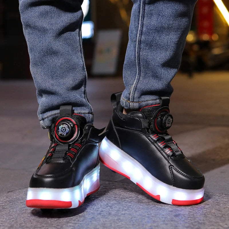 2025 New children's four-wheel novice light up rotary button automatic shrinkage fast walking shoes for boys sneakers