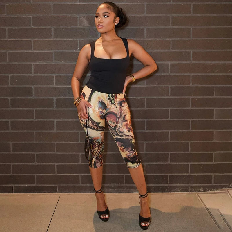 CUTENOVA Women'S Sexy Skinny Abstract Pattern Printed Elastic High Waisted Hip Wrap Elastic Seven Points Casual Sporty Pants