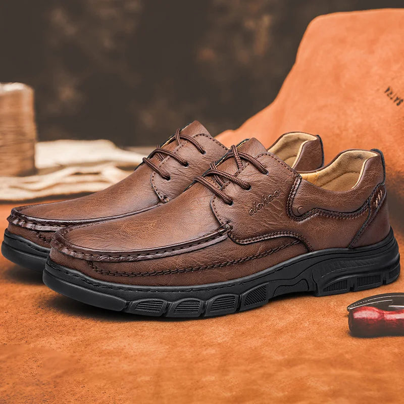 CLOHOO Men's Handmade Thick Rubber Bottom Breathable Casual Leather Shoes Classic Sewn Loafers Comfortable Leisure Footwear