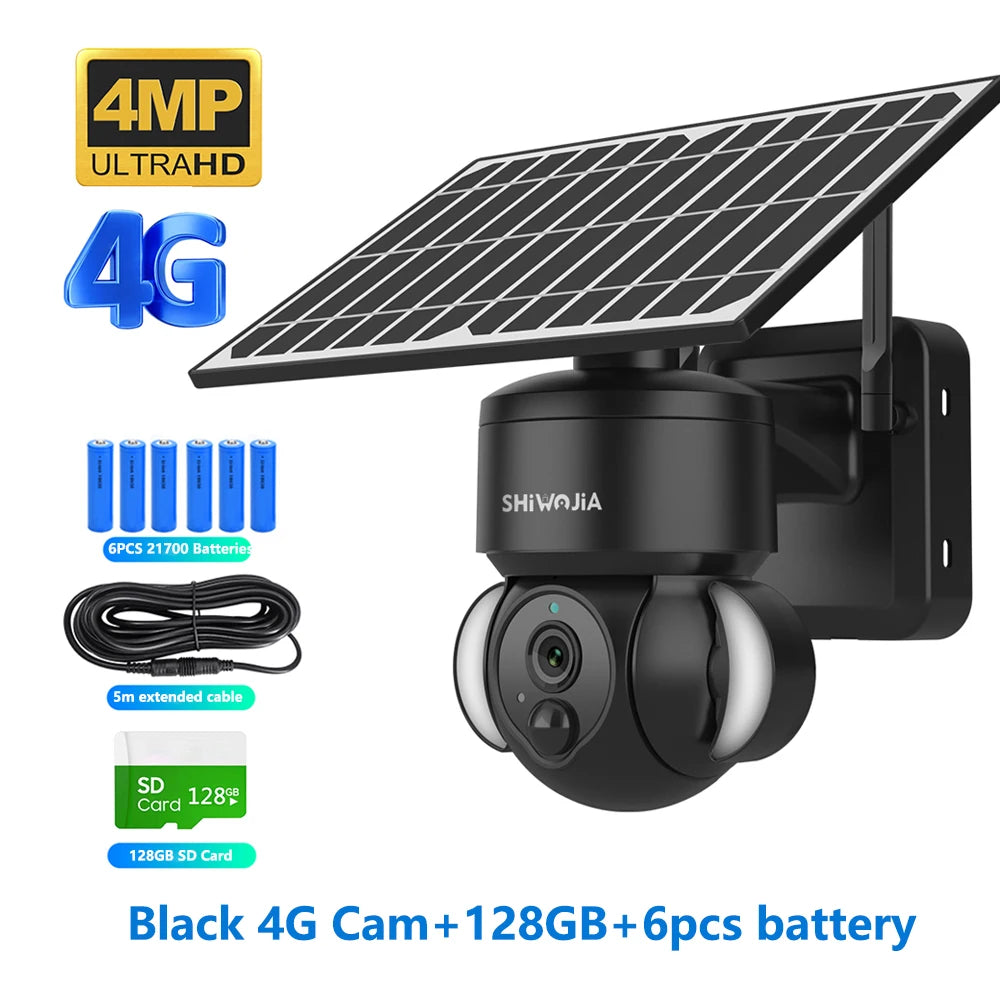 SHIWOJIA 4MP WIFI Solar Camera 4G Sim Card PIR Human Detection Solar Battery Security Camera CCTV Video Surveillance Outdoor Cam