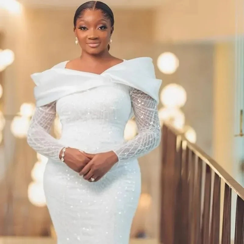 Customized Sparkly African Mermaid Wedding Dresses Long Sleeves Lace Women Shiny Bridal Gowns For Black Girls