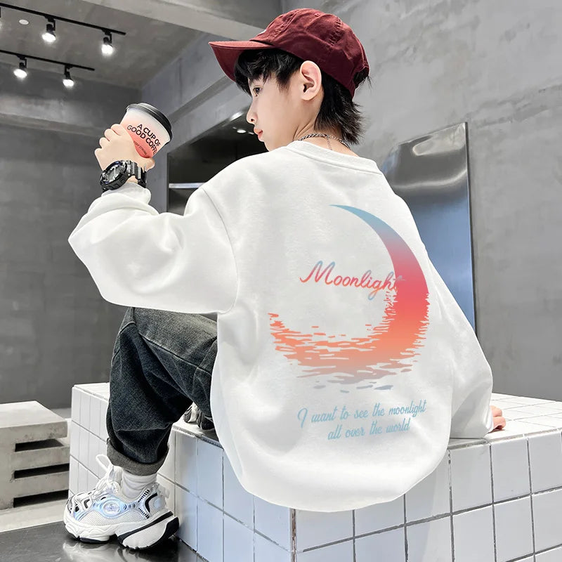 3-14 Years Boys Girls Sweatshirt Pullover Autumn Moon Graffiti Printed Long Sleeves T-Shirt Tops Korean Casual Kids Clothes 2025