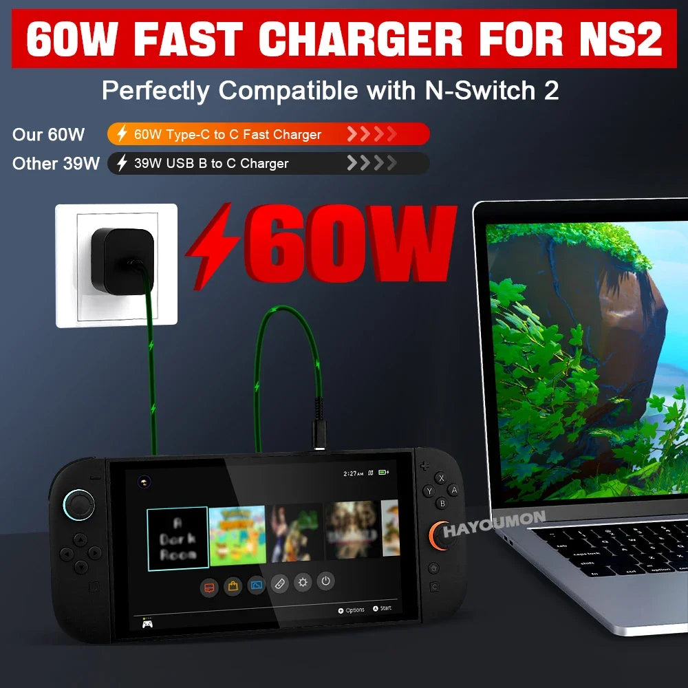 60W Type C AC Adapter For Switch 2 Fast Charger Power Supply Support TV Mode Wall Charger For Switch 2 Gaming Accessories