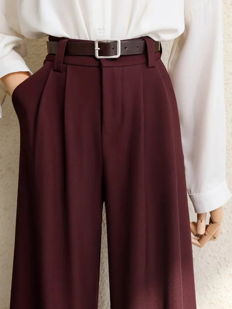 2025 New Burgundy Suits Pants for Women Office Lady Elegant High Waist Wide Leg Fashion Trousers with Pockets Black Gray