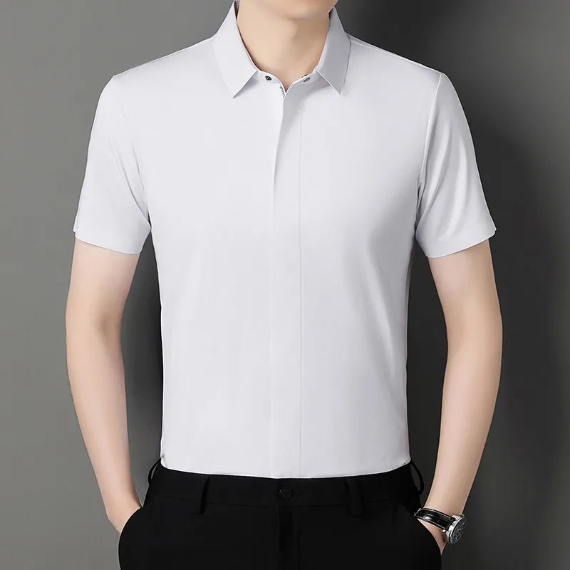 Quality Zipper Dress Shirts for Men Short Sleeve Business Non-iron Wrinkle Resistance Elastic Top New Western-style Formal Shirt