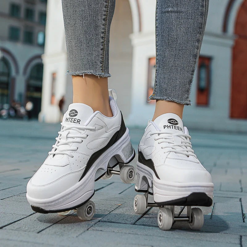 Deformation Shoes Roller Sneakers With 4 Wheels Skates Adult Kids Runaway Parkour Wheels Shoes For Women Men Youth Sport Shoes